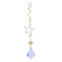 Clear AB Glass Teardrop Pendant Decorations, Hanging Suncatchers, with Brass Moon & Sun & Star Link, for Home Decorations, Clear AB, 205x38x1~11mm