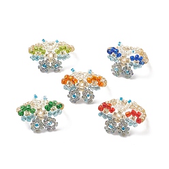Mixed Color Glass Beaded Butterfly Finger Rings, Stretch Ring for Women, Mixed Color, US Size 8 1/2(18.5mm)