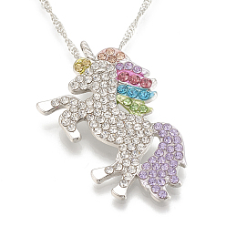 Colorful Alloy Pendant Necklaces, with Rhinestone and Iron Chains, Unicorn, Platinum, Colorful, 15-3/4 inch(40cm)