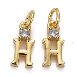 Letter H Brass Micro Pave Clear Cubic Zirconia Pendants, with Jump Rings, Real 18K Gold Plated, Long-Lasting Plated, Letter, Letter.H, 9.5x4x2mm