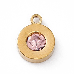 Rose 304 Stainless Steel Pendants, with Rhinestone, Flat Round, Rose, 10.5x8x3.5mm, Hole: 1.4mm