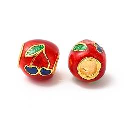 Red Rack Plating Alloy Enamel European Beads, Large Hole Bead, Drum Bead with Cherry, Matte Gold Color, Red, 9.5x9x10mm, Hole: 4mm