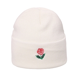 Fleur Bonnet à revers en fil de fibre de polyacrylonitrile, bonnet d'hiver en tricot pour femme, blanc, motif de fleur, 300x185x18mm