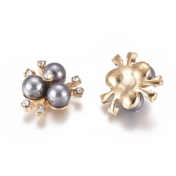 Gris Cabochons de aleación, con diamantes de imitación de cristal y perlas de imitación acrílicas, flor, la luz de oro, gris, 19~20x21~22x10 mm