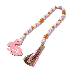Rose Nacré Ornement suspendu guirlande de perles en bois, avec lapin en bois et pompons pour les décorations de Pâques, perle rose, 780mm