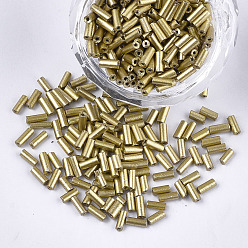 Gold Electroplate Glass Bugle Beads, Round Hole, Metallic Colours, Gold, 3~5x1.5~2mm, Hole: 0.8mm, about 15000pcs/bag