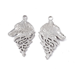 Stainless Steel Color 304 Stainless Steel Pendants, Wolf Head Charm, Stainless Steel Color, 38x22x2mm, Hole: 2.5mm