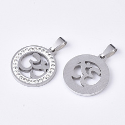 Stainless Steel Color 201 Stainless Steel Pendants, with Random Size Snap On Bails and Polymer Clay Crystal Rhinestones, Flat Round with Yoga/Aum/Om Symbol, Stainless Steel Color, 23x20x2~3mm, Hole: 7~10x3~5mm