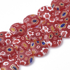 Rouge Brins de perles au chalumeau fait main millefiori, plat rond, rouge, 12x3.5mm, Trou: 0.8mm, Environ 32 pcs/chapelet, 14.5 pouce
