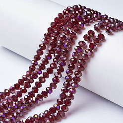 Dark Red Electroplate Transparent Glass Beads Strands, Half Rainbow Plated, Faceted, Rondelle, Dark Red, 4x3mm, Hole: 0.4mm, about 130pcs/strand, 16.54 inch(42cm)