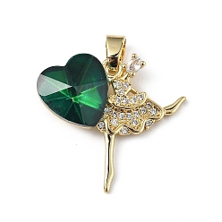 Dark Green Real 18K Gold Plated Rack Plating Brass Micro Pave Clear Cubic Zirconia Pendants, with Glass, Long-Lasting Plated, Cadmium Free & Lead Free, Dancer with Heart Charm, Dark Green, 23x24.5x8.2mm, Hole: 5x3.2mm