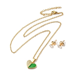 Vert Coeur de zircone cubique clair avec collier pendentif en émail et boucles d'oreilles, or 304 ensemble de bijoux en acier inoxydable pour femme, verte, 510mm, 13x5.5mm, pin: 0.7 mm
