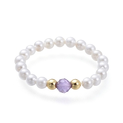 Amethyst Natural Amethyst Gemstone Stretch Rings, with Round Shell Pearl Beads and Brass Beads, Golden, US Size 7 1/4(17.5mm)