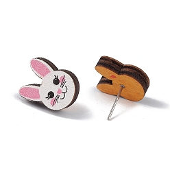 Rabbit Natual Wood Easter Stud Earrings, 316 Stainless Steel Jewelry for Women, Rabbit Pattern, 14.5x11.5mm, Pin: 0.6mm