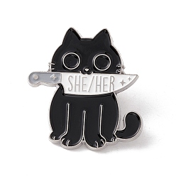Black Cat with Knife Enamel Pin, Word She/Her Alloy Badge for Backpack Clothes, Platinum, Black, 30x29x1.5mm