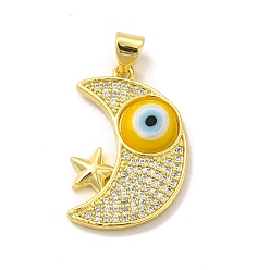 Gold Rack Plating Brass Micro Pave Clear Cubic Zirconia Pendants, with Handmade Evil Eye Lampwork, Cadmium Free & Lead Free, Long-Lasting Real 18K Gold Plated, Moon with Star Charm, Gold, 25x16.5x4mm, Hole: 5x3.5mm