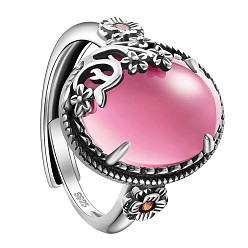 Pink Регулируемые кольца shegrace 925 из стерлингового серебра, с ааа класс фианитами, овальные с цветком, античное серебро, розовые, размер США 9, внутренний диаметр: 19 мм
