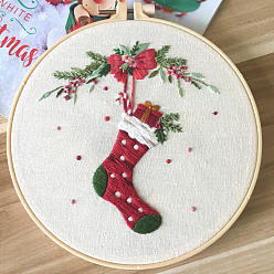 Christmas Socking Kits de inicio de bordado, incluyendo tela e hilo de bordado, aguja, Hoja de instrucciones y bastidor de bordado de imitación de bambú., calcetines de navidad, 300x300 mm