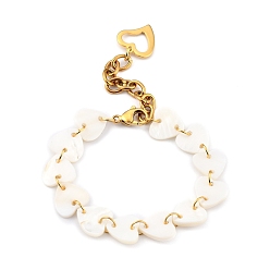 Golden Heart Natural Freshwater Shell Links Bracelets, with 304 Stainless Steel Heart Pendants & Lobster Claw Clasps, Golden, 6-1/2 inch(16.5cm)