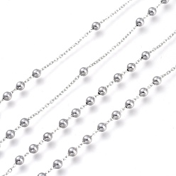 Color de Acero Inoxidable 304 cadenas de cable de acero inoxidable, con cuentas redondas, soldada, con carrete, color acero inoxidable, link: 1.2 mm, perlas: 3 mm, aproximadamente 32.8 pies (10 m) / rollo
