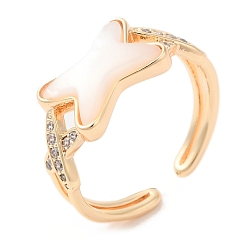 Real 18K Gold Plated Natural Shell Criss Cross Open Cuff Ring with Cubic Zirconia, Brass Ring for Women, Real 18K Gold Plated, Inner Diameter: 16.8mm
