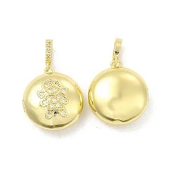 Human Brass Micro Pave Clear Cubic Zirconia Locket Pendants, Light Gold Tone Flat Round with Human Charms, Girl Pattern, 20x18x8.5mm, Hole: 5.5x3mm, Inner Diameter: 15mm