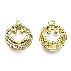 Light Gold Rack Plating Alloy Pendants, with Crystal Rhinestone, Cadmium Free & Nickel Free & Lead Free, Smiling Face, Light Gold, 17x14.5x2mm, Hole: 1.4mm