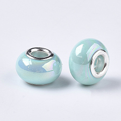 Cyan Opaque Resin European Beads, Large Hole Beads, Imitation Porcelain, with Platinum Tone Brass Double Cores, AB Color, Rondelle, Cyan, 14x9mm, Hole: 5mm