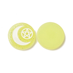 Champagne Yellow Resin Cabochons, with Glitter Powder, Flat Round with Moon & Pentagram Pattern, Champagne Yellow, 29x5.5mm