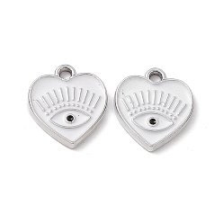 White Alloy Enamel Pendants, Platinum, Heart with Eye Charm, White, 14.5x13x1.5mm, Hole: 1.6mm