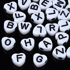 Letter Perles acryliques opaques, cœur, blanc et noir, lettres mixtes aléatoires, 7x7x3mm, Trou: 1.8mm, environ4129 pcs / 500 g