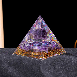 Amethyst Resin Orgonite Pyramid Display Decorations, with Natural Amethyst, for Home Office Desk, 60mm