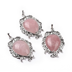 Quartz Rose Naturelle quartz rose gros pendentifs, charmes de larme, avec les accessoires en laiton placage en rack de ton de platine, 56x37x8mm, Trou: 7x4.5mm