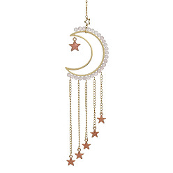 Rose Quartz Natural Rose Quartz & Brass Moon Pendant Decorations, with Alloy Enamel Star Charms, for Home Moon Decorations, 225mm