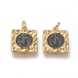 Real 18K Gold Plated & Gunmetal Brass Pendants, with Jump Rings, Long-Lasting Plated, Square with Saint Benedict Medal/Saint Benedict, Real 18K Gold Plated & Gunmetal, 17.4x15x2mm, Jump Rings: 5.5x1mm, 3.5mm Inner Diameter