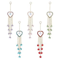 Mixed Stone Natural Gemstone Heart Pendant Decorations, with Star Glass Beads and 304 Stainless Steel Split Rings, 216mm