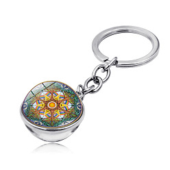 Sea Green Yoga Mandala Pattern Double-Sided Glass Half Round/Dome Pendant Keychain, with Alloy Findings, for Car Bag Pendant Accessories, Sea Green, 7.9cm