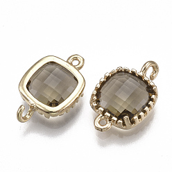 Dark Khaki Glass Links connectors, with Brass Findings, Faceted, Square, Golden, Dark Khaki, 14.5x9.5x3.5mm, Hole: 0.8~1.2mm