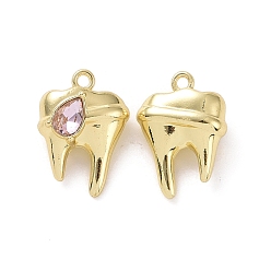 Pearl Pink Rack Plating Alloy Glass Pendants, Cadmium Free & Lead Free & Nickle Free, Faceted, Tooth Charms with Teardrop, Light Gold, Pearl Pink, 19x13.5x7mm, Hole: 1.4mm