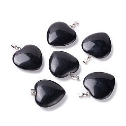 Obsidienne Pendentifs en obsidienne naturelles, avec les accessoires en laiton de tonalité de platine, cœur, 27~28x24.5~26x6~8.5mm, Trou: 2.4x5.6mm