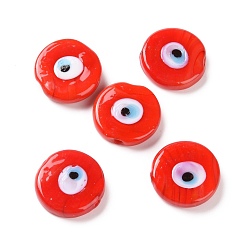 Красный Ручной зло бусины глаз, плоско-круглые, красные, 17~17.5x4 мм, отверстие : 1.2 мм