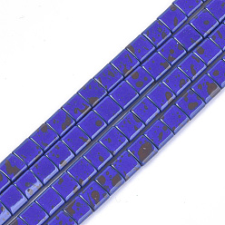 Синий Немагнитные синтетические гематитовые многожильные звенья, окрашенные распылением, для изготовления эластичных браслетов, квадратный, синие, 5x5x2 мм, отверстие : 0.6 мм, около 80 шт / нитка, 15.7 дюйм