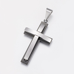 Gunmetal & Stainless Steel Color 304 Stainless Steel Big Pendants, Cross, Gunmetal & Stainless Steel Color, 54x30x6.5mm, Hole: 9x4mm