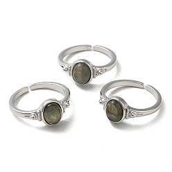 Labradorite Natural Labradorite Oval Open Cuff Rings, Platinum Brass Finger Ring, Cadmium Free & Lead Free, US Size 7(17.3mm)