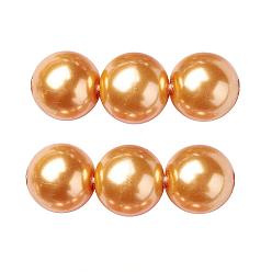 Orange Eco-Friendly Dyed Glass Pearl Round Beads Strands, Grade A, Cotton Cord Threaded, Orange, 12mm, Hole: 0.7~1.1mm, about 34pcs/strand, 15 inch