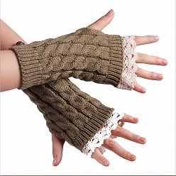 Café Gants sans doigts à tricoter en fil de fibre acrylique, gants chauds d'hiver à bord en dentelle avec trou pour le pouce pour femmes, café, 190x75mm