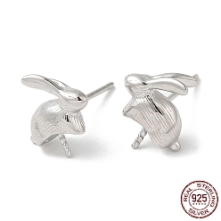 Real Platinum Plated Rhodium Plated 925 Sterling Silver Stud Earring Findings, Rabbit, for Half Drilled Beads, Real Platinum Plated, 10x10x4mm, Pin: 0.7mm