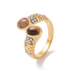 Tiger Eye Natural Tiger Eye & Agate Oval Open Cuff Ring with Crystal Rhinestone, Ion Plating(IP) 304 Stainless Steel Jewelry for Women, Golden, US Size 6(16.5mm)
