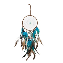 Colorful Iron Woven Web/Net with Feather Pendant Decorations, with Plastic, Wood & Green Aventurine Beads, Covered with Leather and Brass Cord, Flat Round with Tree of Life, Colorful, 575mm