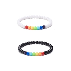 Colorido 2 piezas 2 conjunto de pulseras elásticas con cuentas redondas acrílicas de colores para mujer, colorido, diámetro interior: 2-1/4 pulgada (5.7 cm), 1 pc / color